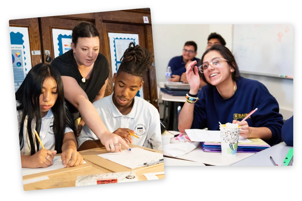 Two students and a teacher; student smiling at a desk