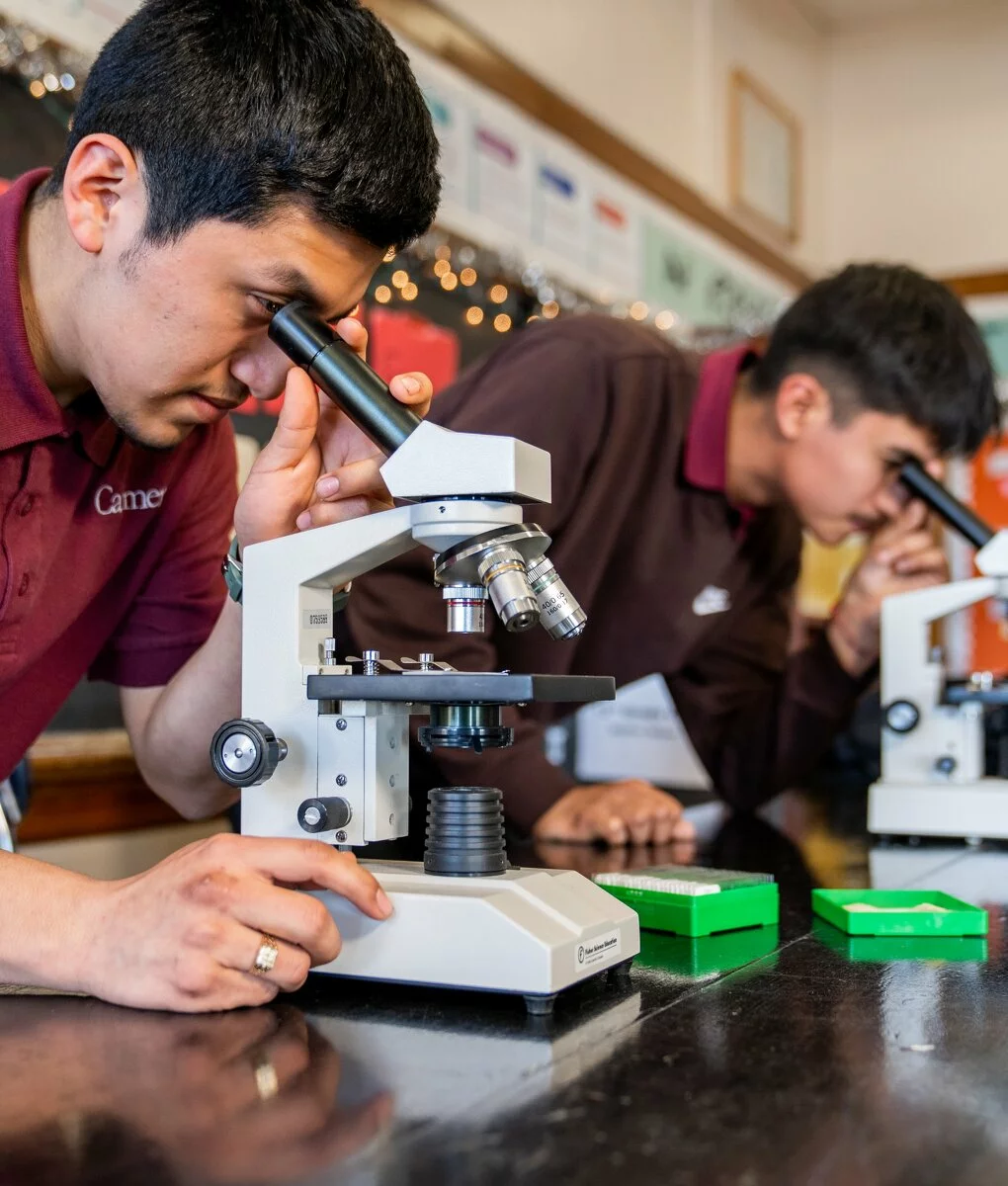 Two students looking through microscopes